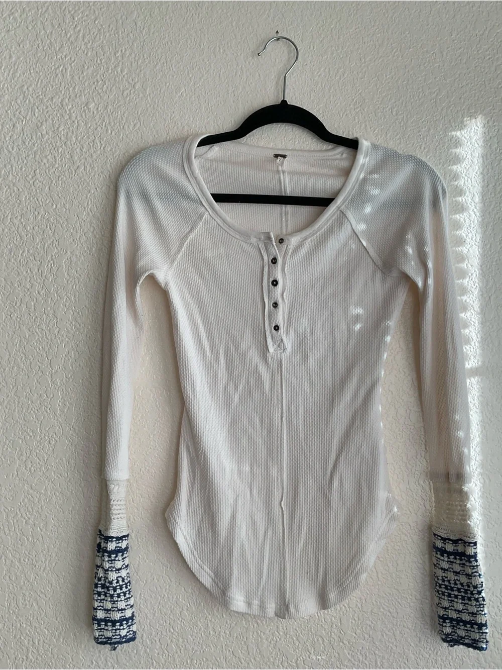 Free People Ivory Waffle Knit/Blue Cuff Henley